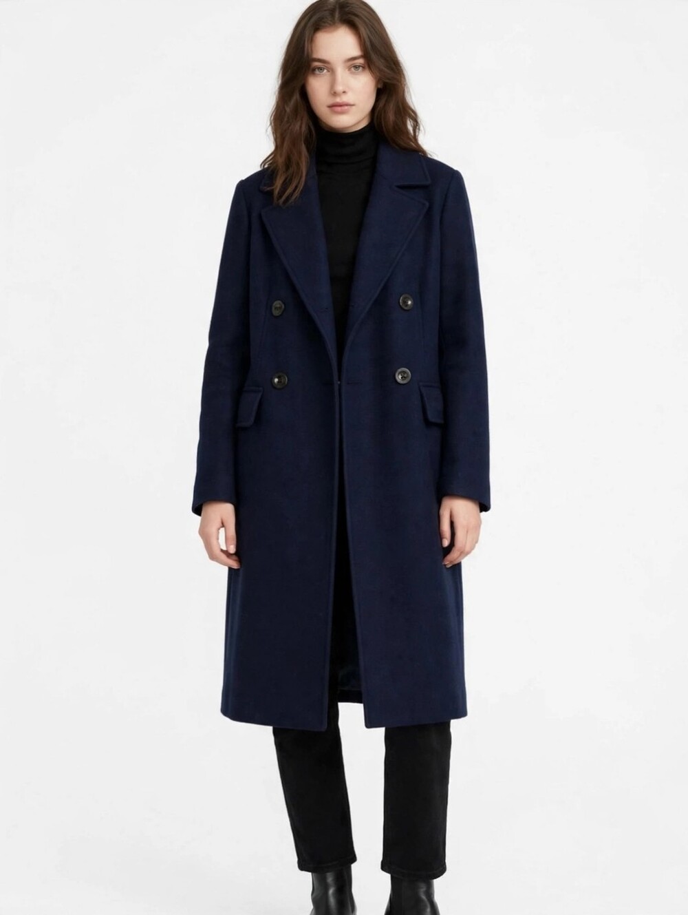 Anne Klein Classic Navy Wool Blend Double-Breasted Coat
